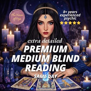 Może przedstawiać: Cyfrowa ilustracja kobiety z długimi czarnymi włosami i diademem wysadzanym klejnotami, otoczonej świecami i kryształami. Tekst brzmi "extra detailed PREMIUM MEDIUM BLIND READING SAME DAY". Obraz zawiera również tekst "8+ years experienced psychic".