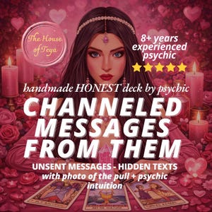 Puede incluir: Ilustración de una mujer con cabello oscuro, adornada con una diadema, rodeada de velas y rosas. El texto dice "CHANNELED MESSAGES FROM THEM" y "handmade HONEST deck by psychic."