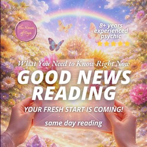 Könnte beinhalten: Ein Bild mit floralem Hintergrund, Regenbogen und Schmetterlingen. Der Text lautet "GOOD NEWS READING" und "YOUR FRESH START IS COMING!". Das Bild enthält auch den Text "The House of Teya" und "8+ years experienced psychic".