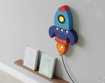 Handgemaakt houten nachtlampje raket: warme led-ruimtelamp, kinderkamerdecoratie