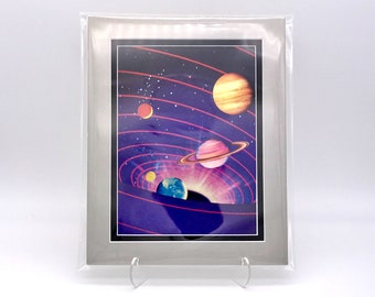 Vintage Solar System Graphic Universe Space Foil Etching Art Print Shiny Purple Black Silver Double Mat Ready to Frame 8x10 Image 7.5 x 5.5