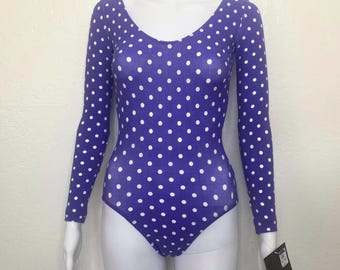Vintage 90s Classic Blue Purple White Polka Dot Print GK Elite Sport Long Sleeve Scoop Aerobic Dance Leotard Bodysuit Adult X Small XS