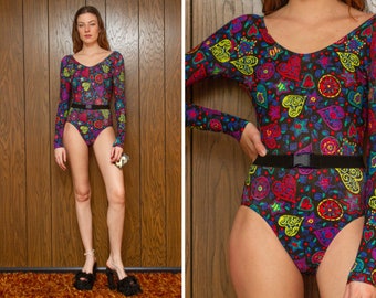 Vintage 90s Black Swirl Heart Star Graphic Rainbow Blue Green Red Purple Elastic Belted Long Sleeve Aerobic Dance Leotard Bodysuit Unitard
