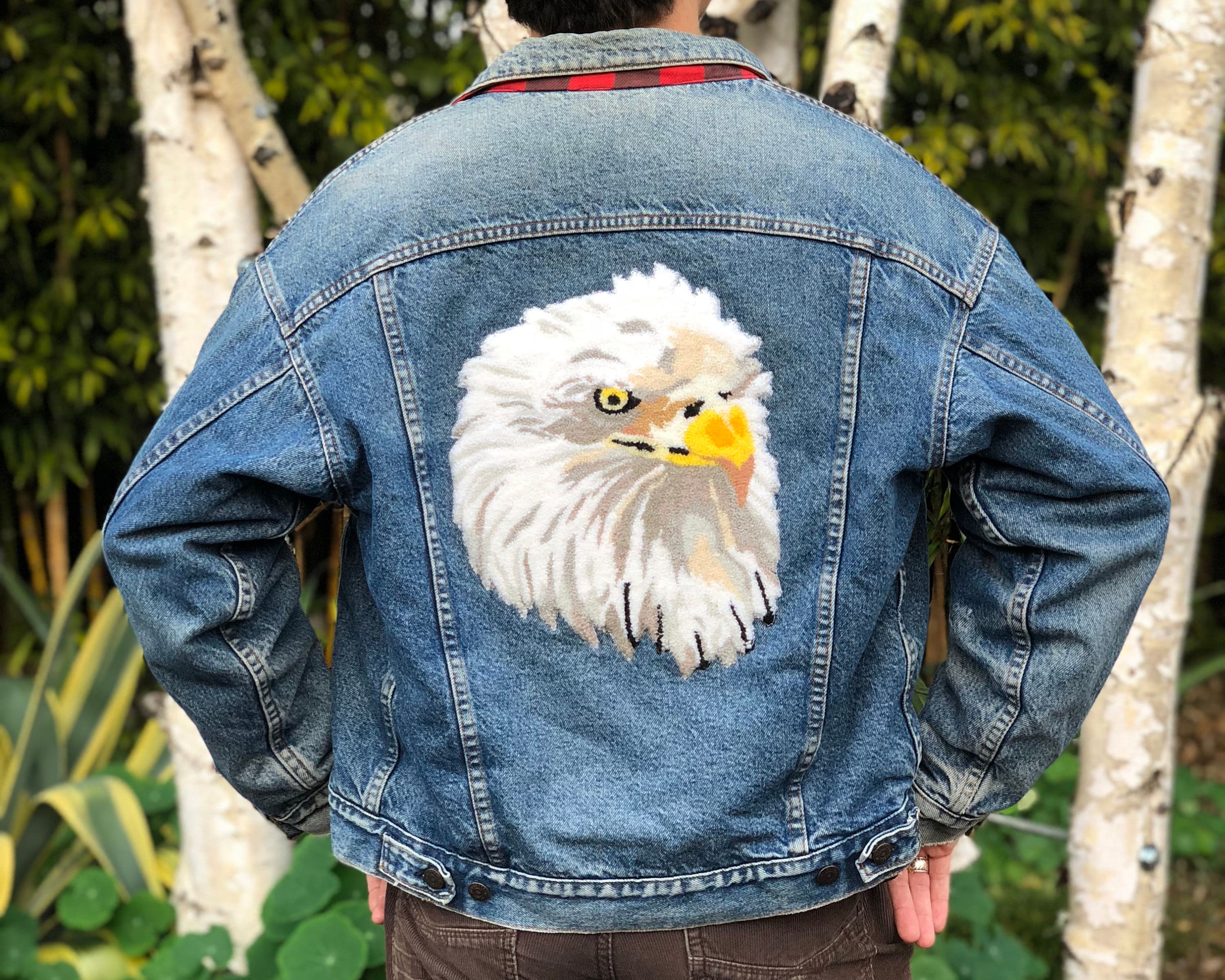 Vintage Levi's USA Levis Chenille Bald Eagle Embroidered Back Patch Bird Wildlife Denim Buffalo Plaid Button Lined Jacket Coat S M