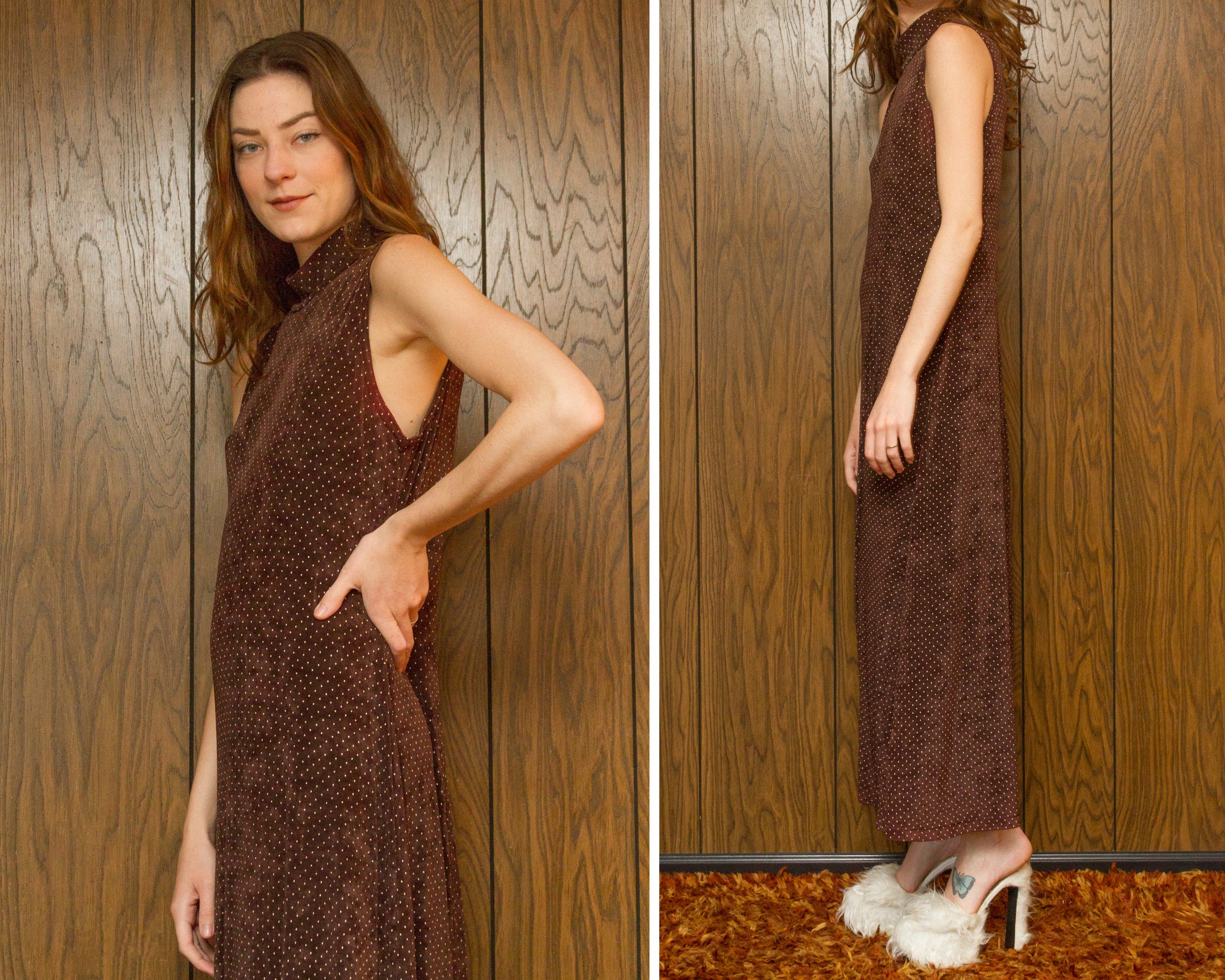 Vintage 80s 90s Pretty Woman Julia Roberts Costume Turtleneck High Neck Sleeveless Brown Tan Polka Dot Ribbed Full Length Sun Derby Dress M
