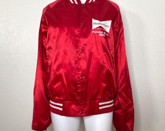 Vintage 1990s Red White Chinese New Year Monkey Parade Staff Budweiser USA San Francisco Chronicle  Flannel Lined Snap Button Jacket Adult L