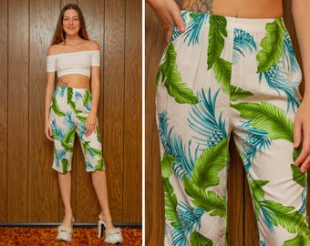 Vintage 90s Teal Blue White Green Tropical Floral Palm Leaf Pocket Hawaii Pin Up Elastic Stretch Waist Capri Knee Length Pants Shorts S M