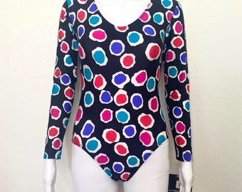 Vintage 90s Black White Blue Teal Circle Spot Print Graphic GK Elite Sport Long Sleeve Scoop Aerobic Dance Leotard Bodysuit Adult Medium M