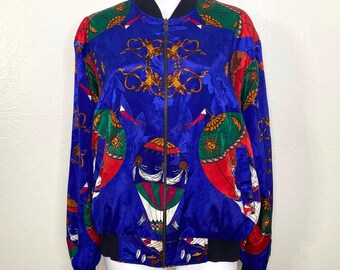 Vintage Reversible 1980s 1990s Blue Hot Air Balloon Green Celestial Cherub Red Gold Unbranded Zip Up Windbreaker Bomber Jacket Adult 80s 90s