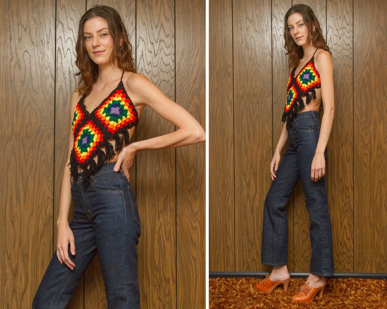 Vintage 70s Black Asymetrical Handmade Hippie Festival Crochet Knit Rainbow Fringe V Cut Handkerchief Afgan Acrylic Yarn Crop Halter Top XS