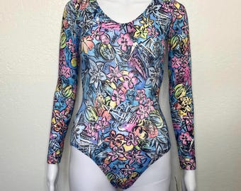 Vintage 90s Light Blue Yellow Pink Black Abstract Floral Print GK Elite Sport Long Sleeve Scoop Aerobic Dance Leotard Bodysuit Adult Small S