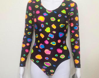 Vintage 90s Neon Spot Circle Abstract Rainbow Print Graphic GK Elite Sport Long Sleeve Scoop Aerobic Dance Leotard Bodysuit Adult X Small XS