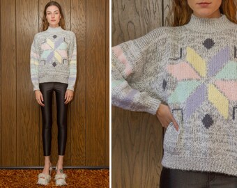 Vintage 80s RARE Mock Turtleneck High Neck Pastel Rainbow Gray Snowflake Diamond Winter Ski Graphic Pullover Striped Geometric Sweater M L