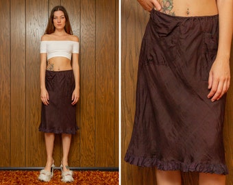 Vintage 90s Thrashed Distressed Faded Black Purple Grunge Lightweight Silk Ruffle Front Pocket Elastic Waist A Line Knee Length Skirt XS S