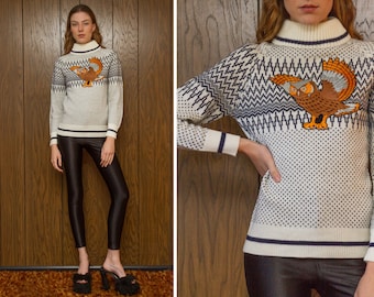Vintage 70s 80s Navy Blue Ivory White One of A Kind Acrylic High Neck Turtleneck Flying Owl Embroidered Patch Long Sleeve Ski Raglan Sweater