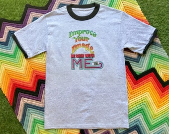 Vintage 90s Unisex Gray Black Improve Your Image Ringer Crewneck Glitter Heat Transfer Funny Graphic Novelty Cotton Short Sleeve T-Shirt M L