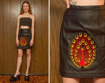 Vintage 70s 80s Black Leather Velvet Shiny Red Yellow Embroidered Peacock Bird Applique Patch Mini High Waist Above the Knee Skirt XS S 2 4