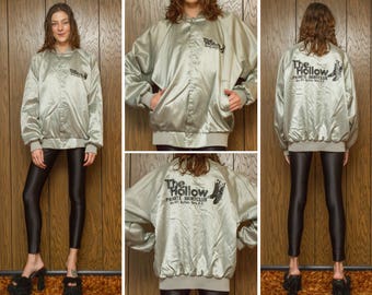 Vintage 80s The Hallow Nightclub Bouncer Western Boots Black Silver Shiny Nylon Snap Button Screen Print Screened Line Dance Jacket Coat L