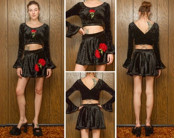 Valentine's Day Red Rose Embroidered Black Crushed Velvet Sequined Trim Dance Bell Sleeve Wrap Crop Top Circle Skirt Costume Dress Set XS S