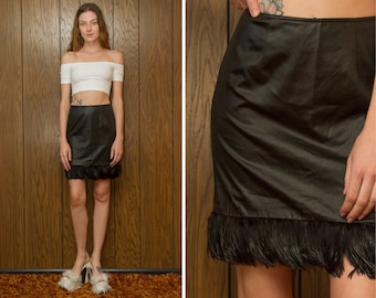 Vintage 90s Cache Shiny Black Real Feather Trim Faux Leather Liquid Club Raver Grunge Goth Witch Pencil Short Mini Skirt XS S M