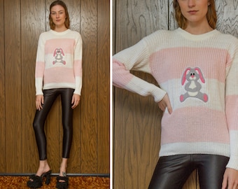 Vintage 80s 90s Averroe White Pink Pastel Striped Gray Long Ear Bunny Rabbit Chenille 3-D Embroidered Patch Long Sleeve Crewneck Sweater S M