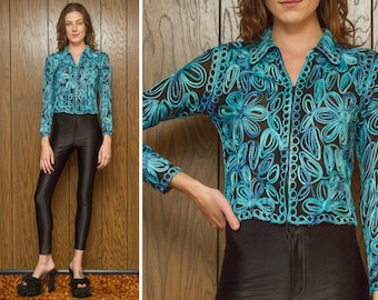 Vintage 90s Sheer Mesh Black Teal Blue Ribbon Embroidered Flower Floral Textured Cover Zip Up Collared Cardigan Sweater Jacket Blouse Top S