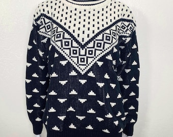 Vintage 90s 80s Koman Navy Blue Cream Ivory Triangle Pyramid Dot Crew Neck Geometric Long Sleeve Cotton Pullover Jumper Sweater Adult M