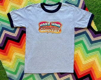 Vintage 90s Unisex Gray Black Glitter Make Mine Country Ringer Crewneck Heat Transfer Graphic Novelty Rodeo Cotton Short Sleeve T-Shirt S M