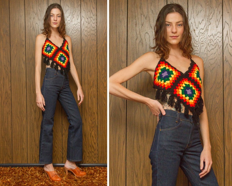 Vintage 70s Black Asymetrical Handmade Hippie Festival Crochet Knit Rainbow Fringe V Cut Handkerchief Afgan Acrylic Yarn Crop Halter Top XS