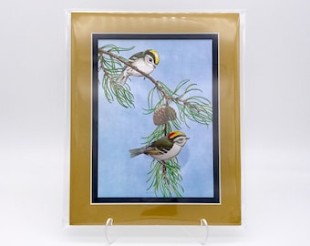Vintage Sparrow Bird Bonded Pair Foil Etching Art Print Shiny Antique Gold Metallic Black Double Mat Ready to Frame in 8x10 Image 7.5 x 5.5