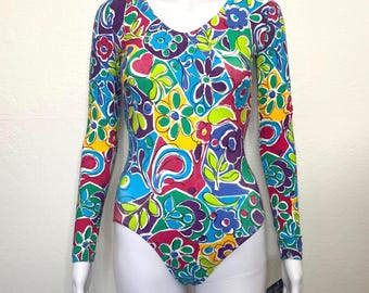 Vintage 90s Blue Pink Yellow Green Purple Floral Flower Print GK Elite Sport Long Sleeve Scoop Aerobic Dance Leotard Bodysuit Adult Small S