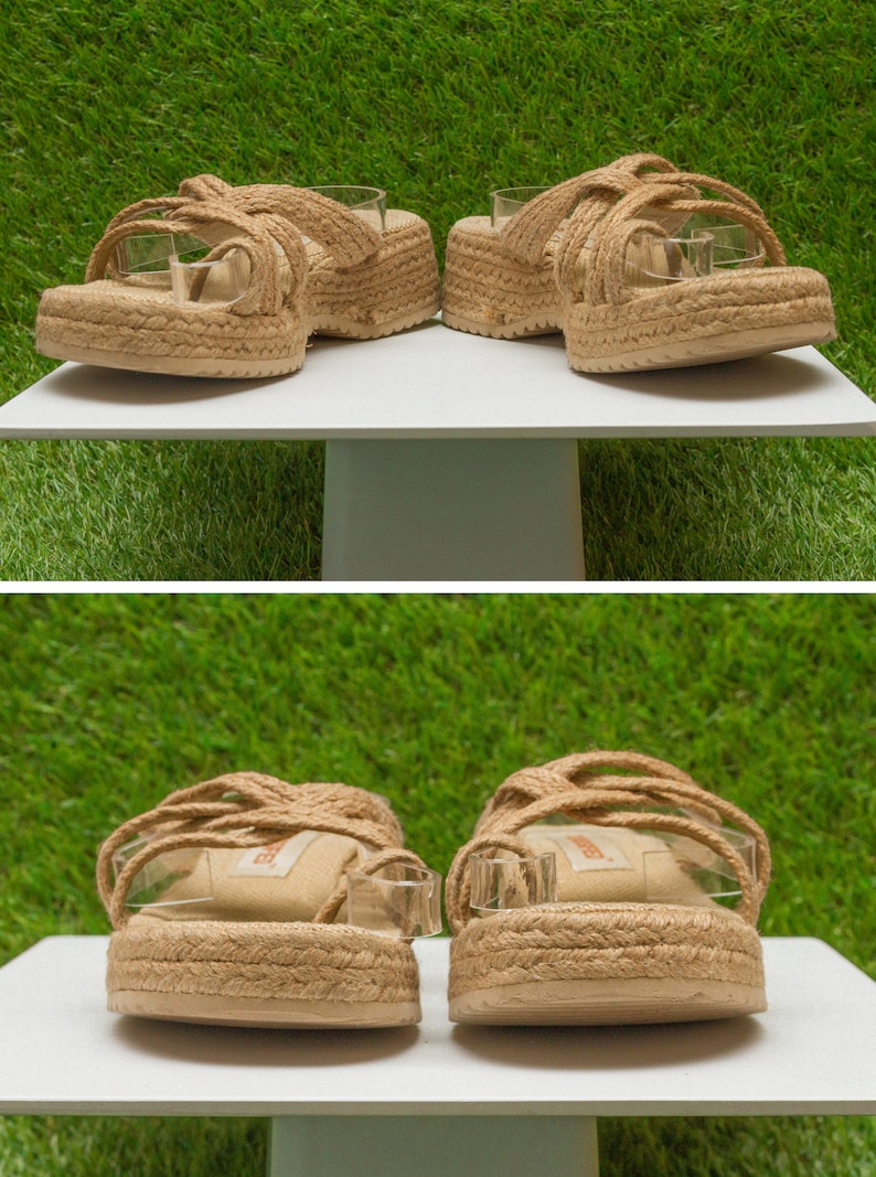 Vintage 90s Y2K Classified Woven Raffia Grass Braided Strappy Tan Light Brown Summer Thick Wedge Slip On Platform Mule Sandal US 5 5.5