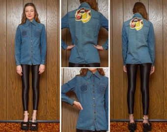 Vintage 70s Blue Denim Jean Longstitch Embroidered Vietnamese Tiger Hong Kong Military Patched Long Sleeve Collared Button Shirt Blouse S M