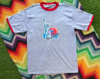 Vintage Y2K Unisex Gray Red New York Statue of Liberty Ringer Crewneck Heat Transfer Love Graphic Novelty Cotton Short Sleeve T-Shirt L XL