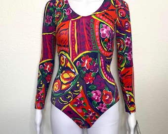 Vintage 90s Yellow Orange Green Pink Red Abstract Floral Print GK Elite Sport Long Sleeve Scoop Aerobic Dance Leotard Bodysuit Adult Small S