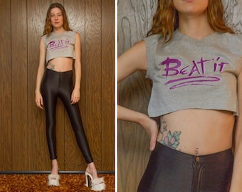 Vintage 80s Screen Stars Gray Lavender Purple Pastel BEAT IT Michael Jackson Script Muscle Tank Sleeveless Jersey T-Shirt Crop Belly Top S