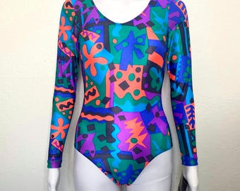 Vintage 90s Neon Orange Purple Teal Grey Abstract Graphic GK Elite Sport Long Sleeve Scoop Aerobic Dance Leotard Bodysuit Adult Small S