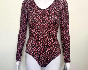 Vintage 90s Black White Pink Mini Rose Flower Floral Print GK Elite Sport Long Sleeve Scoop Aerobic Dance Leotard Bodysuit Adult Small S
