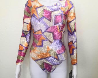 Vintage 90s Velvet Purple Pink Orange Abstract Floral Print GK Elite Sport Long Sleeve Scoop Aerobic Dance Leotard Bodysuit Adult X Small XS