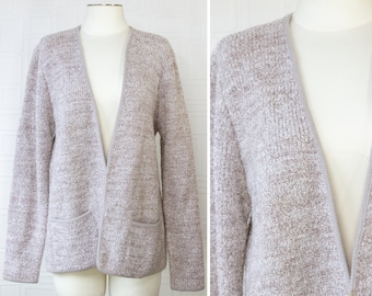 Vintage 90s Adele Joyce Beige Taupe Oatmeal Textured Double Pocket Long Sleeve Split Front Sweater Granny Wool Acrylic Cardigan Jacket M L