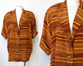 Vintage 90s Orange SETA Silk Island Leaf Striped Lightweight Short Sleeve Luau Button Blouse Jacket Shoulder Pad Oversized Top Plus Size 14