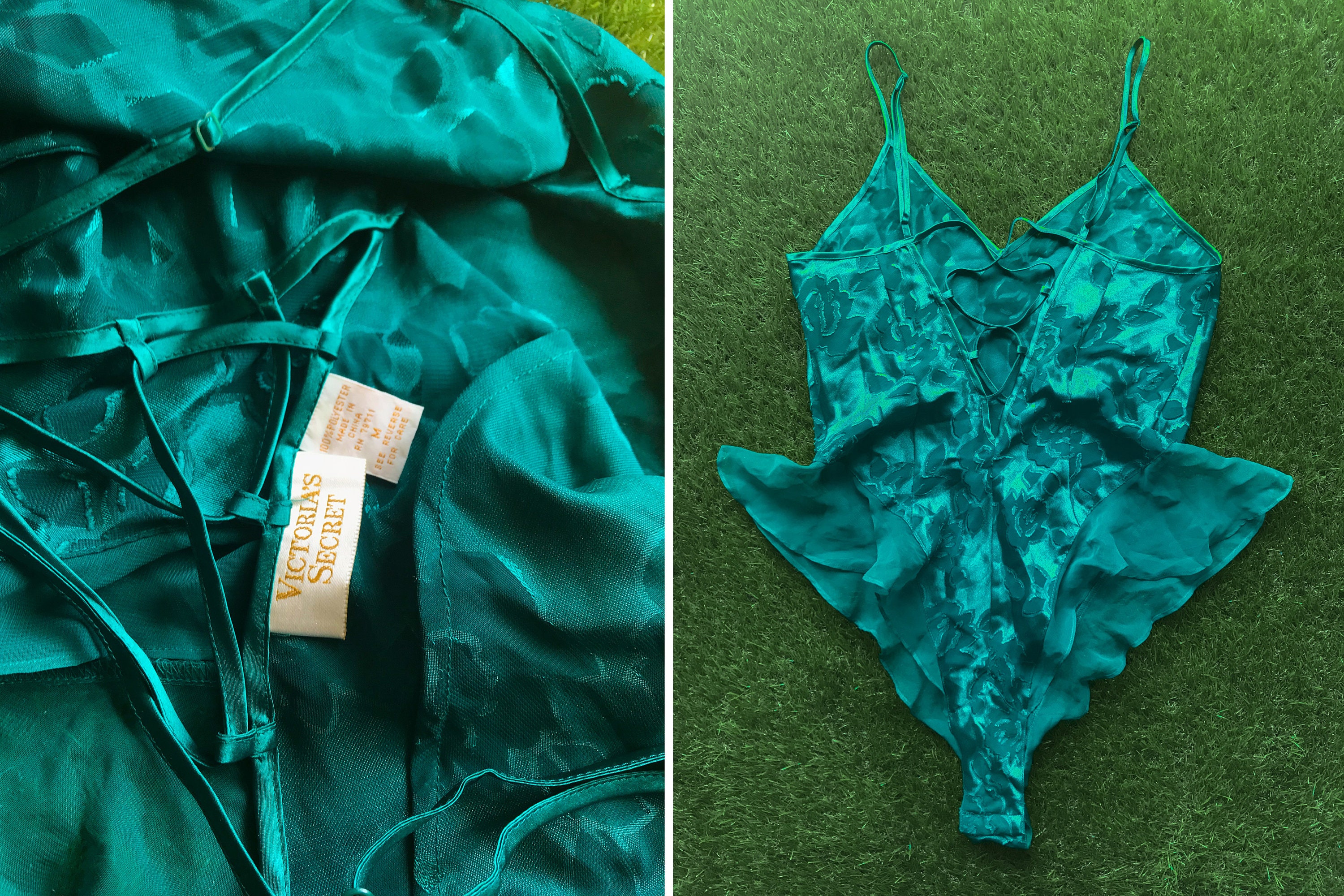 Vintage 90s Victorias Secret Forest Green Shiny Emerald Sheer