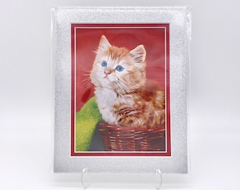 Vintage Red Green Orange Kitten Cat Foil Etching Art Print Shiny Metallic Glitter Silver Double Mat Ready to Frame in 8x10 Image 7.5 x 5.5