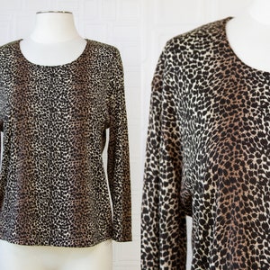 Vintage 90s Y2K Susan Lawerence Leopard Cheetah Beige Tan Brown Black Long Sleeve Scoop Neck Nylon Stretch Dress Blouse Shirt Top S M L XL