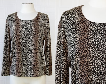 Vintage 90s Y2K Susan Lawerence Leopard Cheetah Beige Tan Brown Black Long Sleeve Scoop Neck Nylon Stretch Dress Blouse Shirt Top S M L XL