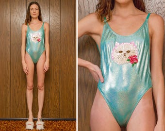 Teal Green Rainbow Holographic Metallic Kitty Cat Hi Cut High Leg Side Boob Kawaii Sequined Sequin Liquid Shiny One Piece Swimsuit M L XL