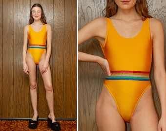 CFS 80s Shiny Gold Yellow Pride Metallic Rainbow Elastic Striped Belted Workout Tank Scoop Low Open Back High Leg Hi Cut Leotard Bodysuit