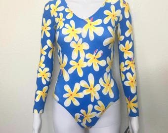 Vintage 90s Blue White Yellow Red Floral Daisy Flower Print GK Elite Sport Long Sleeve Scoop Aerobic Dance Leotard Bodysuit Adult X Small XS