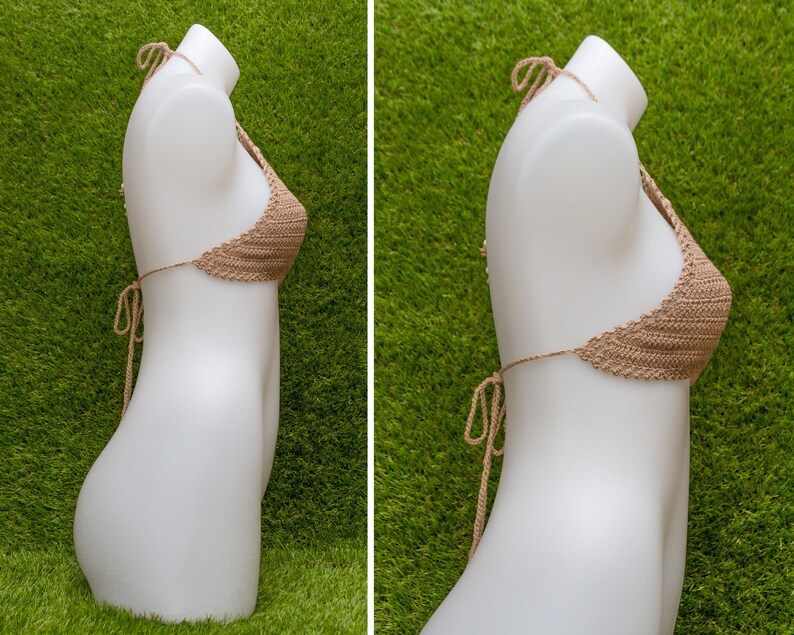 Vintage Deadstock 90s Light Brown Tan Orange Red Beige Festival Crochet Sheer Mesh Beaded 3-D Flower Cotton Crop Halter Top One Size S M L