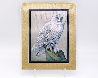 Vintage Snow White Barn Owl Winter Bird Damaged Foil Etching Art Print Gold Glitter Black Double Mat Ready to Frame in 8x10 Image 7.5 x 5.5
